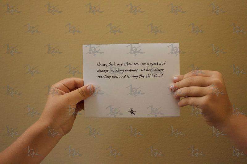 Inside of a note card with a line of owl folklore