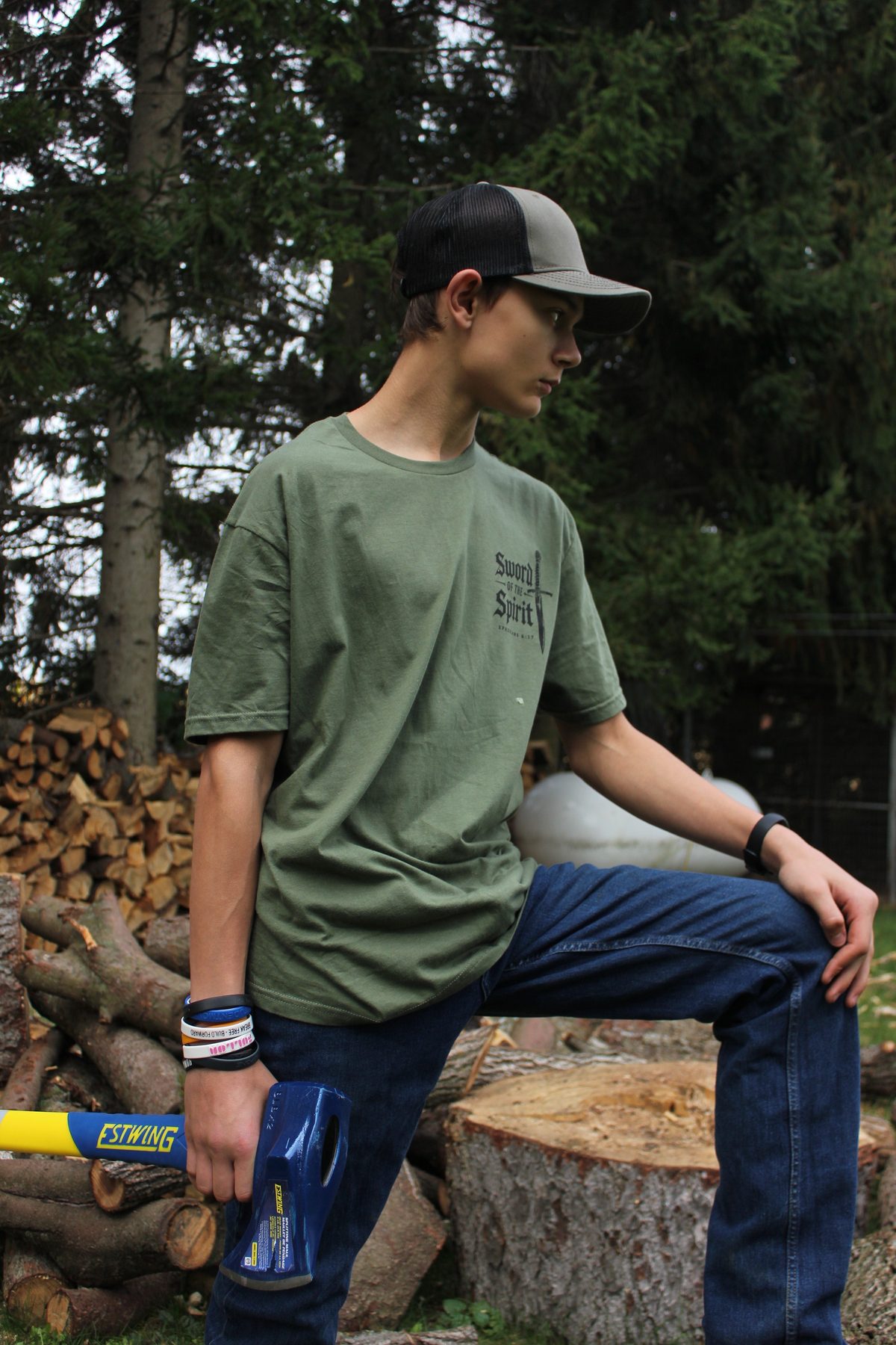 Front chest print, worn outdoors