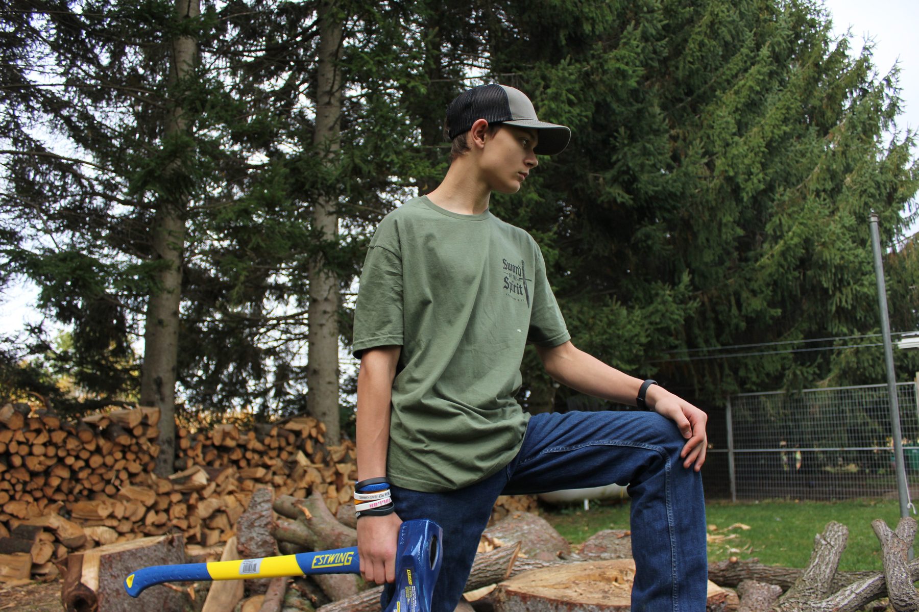 Front chest print, worn outdoors