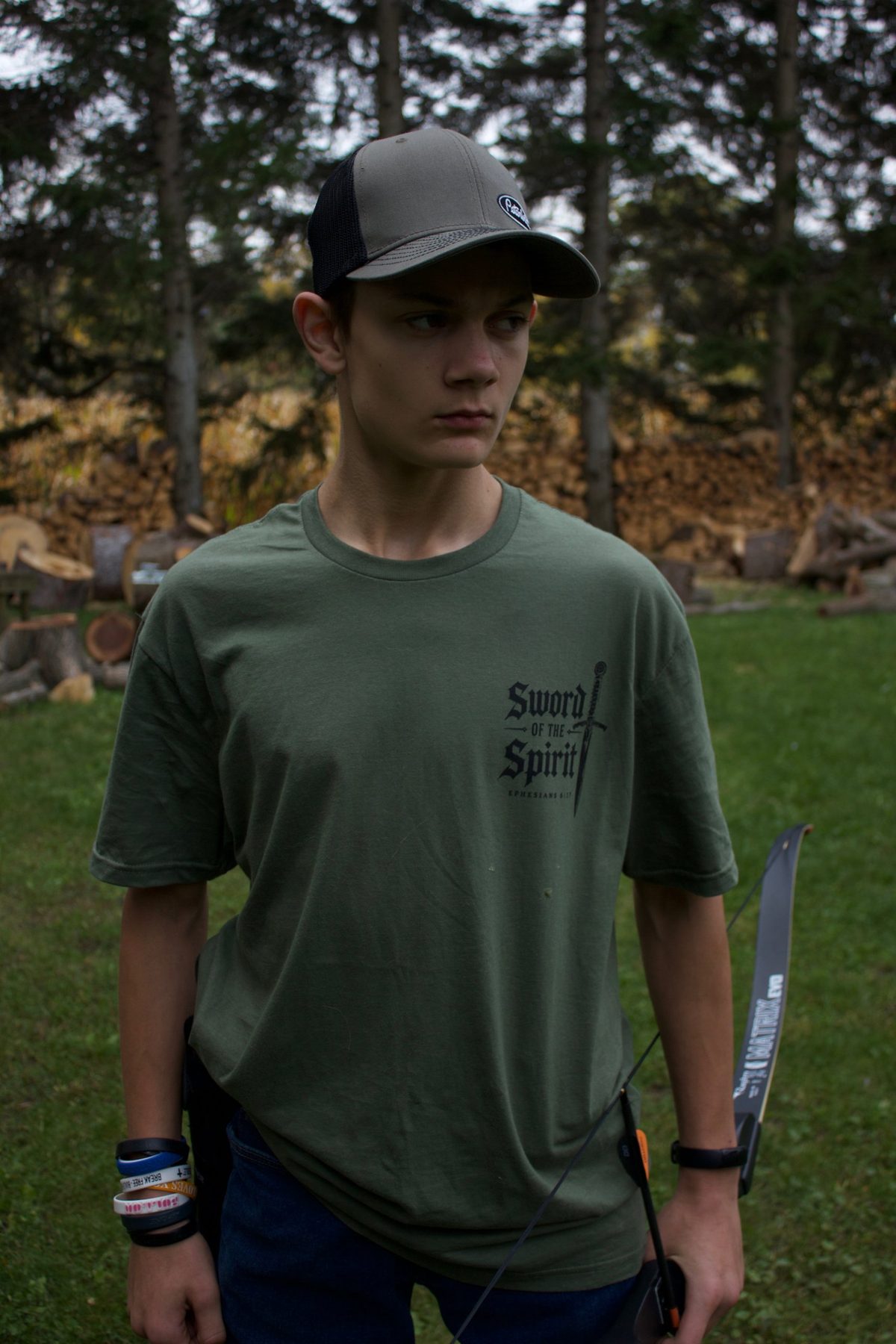 Front chest print, worn outdoors